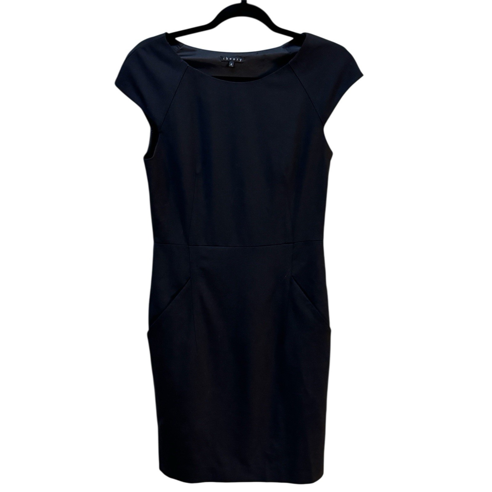 Theory Stretch Wool Black Dress Slash Pocket Size 4 Career Scoop Neck Cap Sleeve